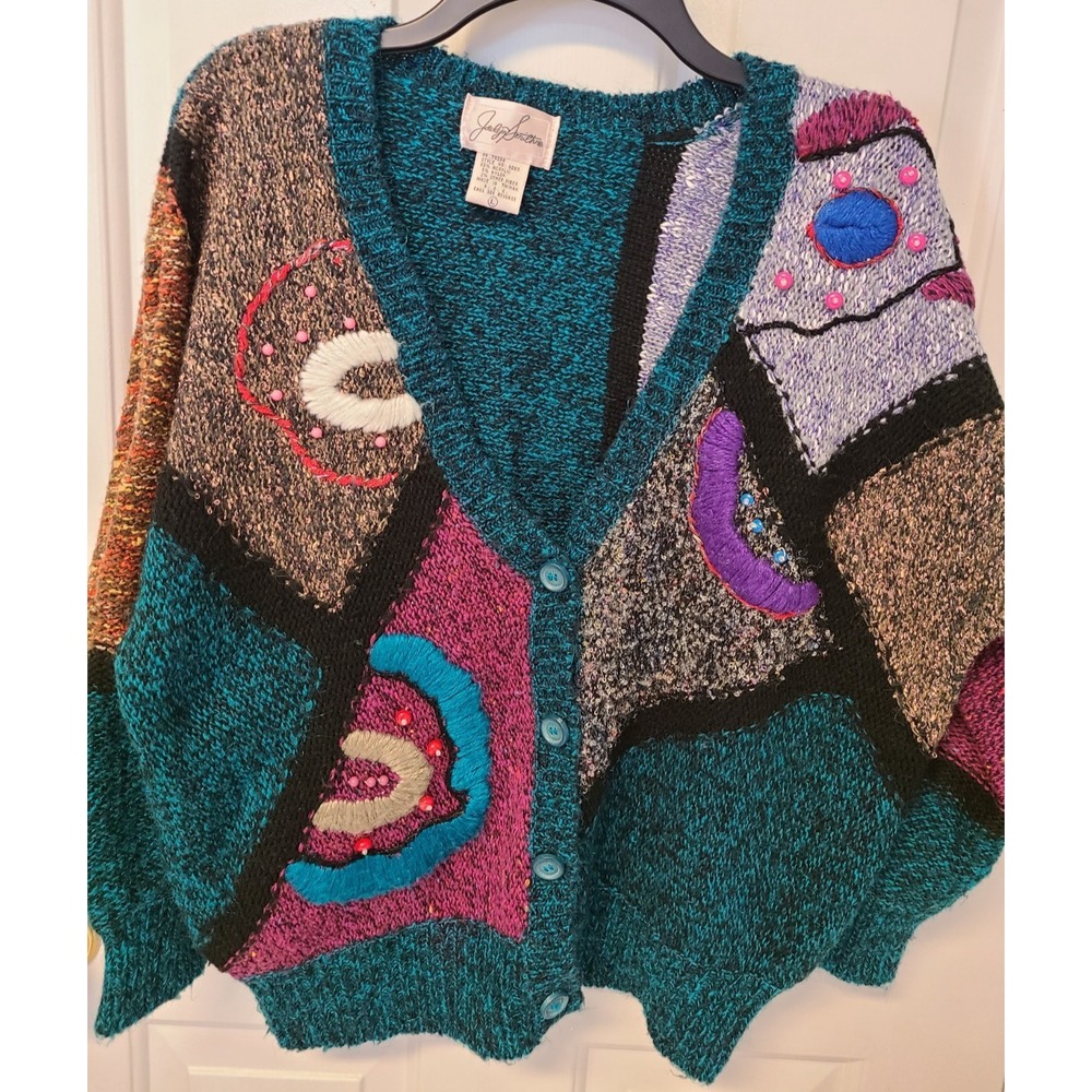 Jaclyn Smith VTG Abstract Patchwork Knit Cardigan Sweater Beaded L Boho Eclectic